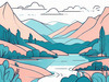 Minimalist Line Art of River Flowing Through Canyon