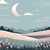 Minimalist Line Art of Windswept Grass and Half-Moon