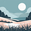 Minimalist Line Art of Windswept Grass and Half-Moon