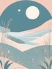 Minimalist Line Art of Windswept Grass and Half-Moon