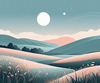 Minimalist Line Art of Windswept Grass and Half-Moon