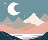 Printable Minimalist Moonlit Mountain Silhouette Line Art