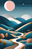 Minimalist Line Art of Rolling Hills Beneath a Starry Night Sky