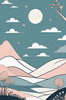 Minimalist Line Art of Rolling Hills Beneath a Starry Night Sky