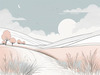 Minimalist Line Art of Windswept Grass and Half-Moon