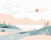 Minimalist Line Art of Windswept Grass and Half-Moon