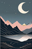 Printable Minimalist Moonlit Mountain Silhouette Line Art