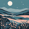 Minimalist Line Art of Rolling Hills Beneath a Starry Night Sky