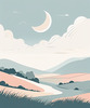 Minimalist Line Art of Windswept Grass and Half-Moon
