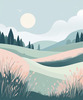 Minimalist Line Art of Windswept Grass and Half-Moon