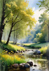 Peaceful Meadow With Brook and Trees Displaying Early Autumn Colors