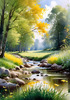 Peaceful Meadow With Brook and Trees Displaying Early Autumn Colors