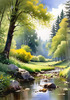 Peaceful Meadow With Brook and Trees Displaying Early Autumn Colors