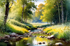 Peaceful Meadow With Brook and Trees Displaying Early Autumn Colors