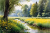 Peaceful Meadow With Brook and Trees Displaying Early Autumn Colors