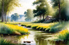 Peaceful Meadow With Brook and Trees Displaying Early Autumn Colors