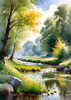Peaceful Meadow With Brook and Trees Displaying Early Autumn Colors