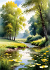 Peaceful Meadow With Brook and Trees Displaying Early Autumn Colors