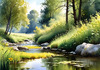 Peaceful Meadow With Brook and Trees Displaying Early Autumn Colors