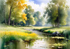 Peaceful Meadow With Brook and Trees Displaying Early Autumn Colors
