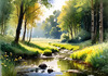 Peaceful Meadow With Brook and Trees Displaying Early Autumn Colors