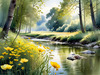 Peaceful Meadow With Brook and Trees Displaying Early Autumn Colors