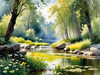 Peaceful Meadow With Brook and Trees Displaying Early Autumn Colors