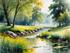Peaceful Meadow With Brook and Trees Displaying Early Autumn Colors