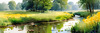 Peaceful Meadow With Brook and Trees Displaying Early Autumn Colors