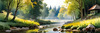 Peaceful Meadow With Brook and Trees Displaying Early Autumn Colors
