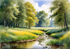 Peaceful Meadow With Brook and Trees Displaying Early Autumn Colors