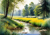 Peaceful Meadow With Brook and Trees Displaying Early Autumn Colors