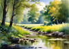 Peaceful Meadow With Brook and Trees Displaying Early Autumn Colors