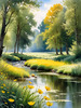Peaceful Meadow With Brook and Trees Displaying Early Autumn Colors