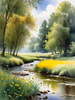 Peaceful Meadow With Brook and Trees Displaying Early Autumn Colors