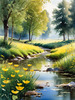 Peaceful Meadow With Brook and Trees Displaying Early Autumn Colors