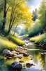 Peaceful Meadow With Brook and Trees Displaying Early Autumn Colors