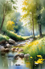 Peaceful Meadow With Brook and Trees Displaying Early Autumn Colors