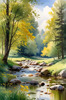 Peaceful Meadow With Brook and Trees Displaying Early Autumn Colors