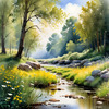 Peaceful Meadow With Brook and Trees Displaying Early Autumn Colors