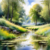 Peaceful Meadow With Brook and Trees Displaying Early Autumn Colors