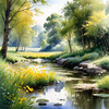 Peaceful Meadow With Brook and Trees Displaying Early Autumn Colors