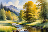 Peaceful Meadow With Brook and Trees Displaying Early Autumn Colors