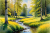 Peaceful Meadow With Brook and Trees Displaying Early Autumn Colors