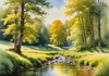Peaceful Meadow With Brook and Trees Displaying Early Autumn Colors