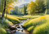 Peaceful Meadow With Brook and Trees Displaying Early Autumn Colors