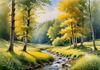 Peaceful Meadow With Brook and Trees Displaying Early Autumn Colors