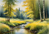 Peaceful Meadow With Brook and Trees Displaying Early Autumn Colors