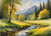 Peaceful Meadow With Brook and Trees Displaying Early Autumn Colors