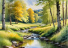 Peaceful Meadow With Brook and Trees Displaying Early Autumn Colors